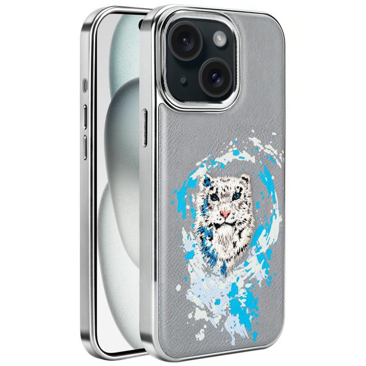 For iPhone 15 Plus Embroidered Graffiti Vegan Leather Shield Electroplated Magnetic Phone Case
