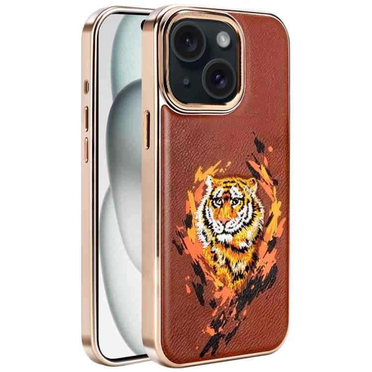For iPhone 15 Plus Embroidered Graffiti Vegan Leather Shield Electroplated Magnetic Phone Case