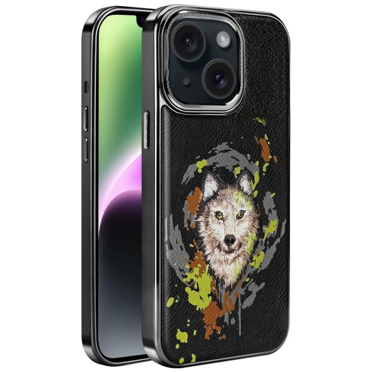 For iPhone 14 Embroidered Graffiti Vegan Leather Shield Electroplated Magnetic Phone Case