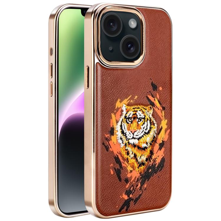 For iPhone 14 Embroidered Graffiti Vegan Leather Shield Electroplated Magnetic Phone Case