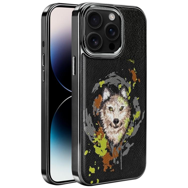 For iPhone 14 Pro Max Embroidered Graffiti Vegan Leather Shield Electroplated Magnetic Phone Case