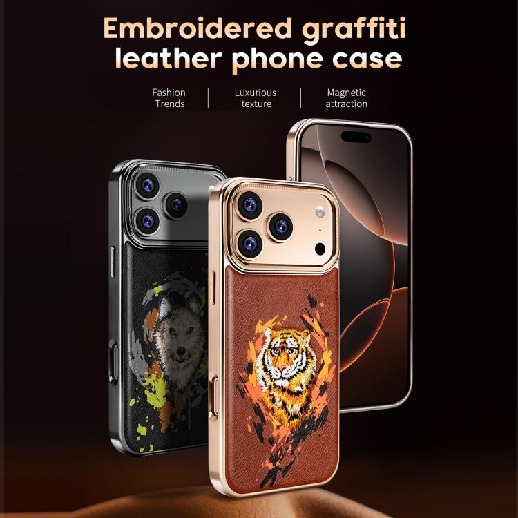 For iPhone Air Embroidered Graffiti Vegan Leather Shield Electroplated Magnetic Phone Case