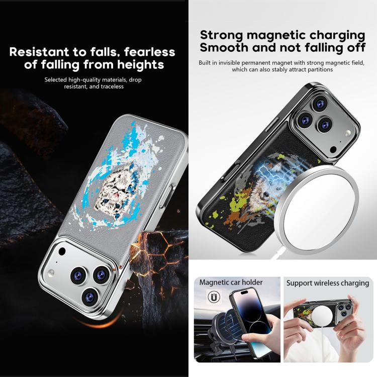 For iPhone 15 Pro Embroidered Graffiti Vegan Leather Shield Electroplated Magnetic Phone Case