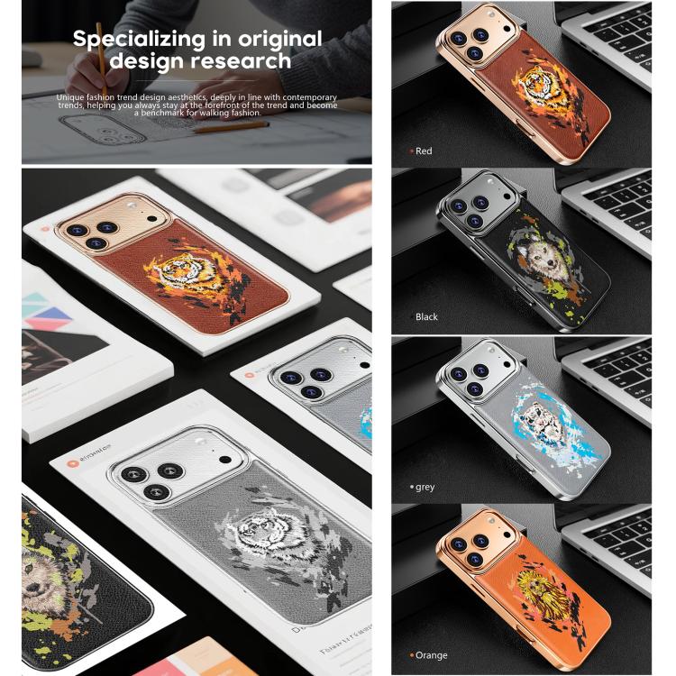 For iPhone 15 Pro Embroidered Graffiti Vegan Leather Shield Electroplated Magnetic Phone Case