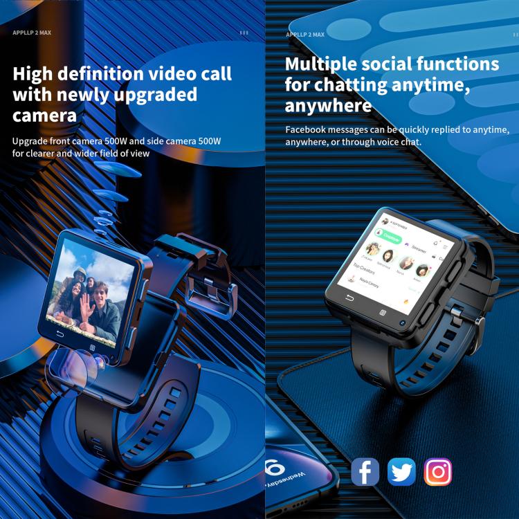 LOKMAT APPLLP 2 Max 4G Smart Watch, 2.64 inch MTK6761 Quad Core, 4GB+64GB, Android 11.0, GPS, Video Call - Black