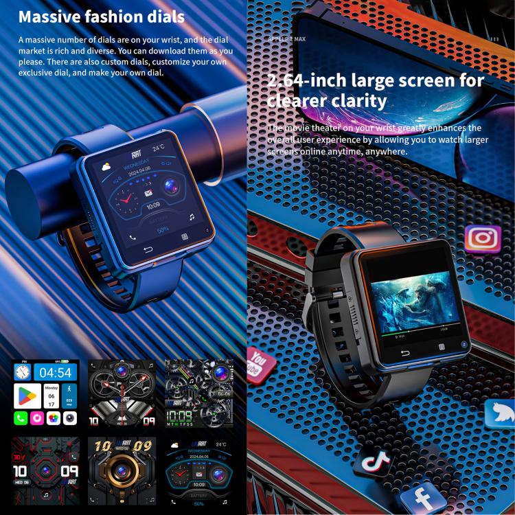 LOKMAT APPLLP 2 Max 4G Smart Watch, 2.64 inch MTK6761 Quad Core, 4GB+64GB, Android 11.0, GPS, Video Call - Black