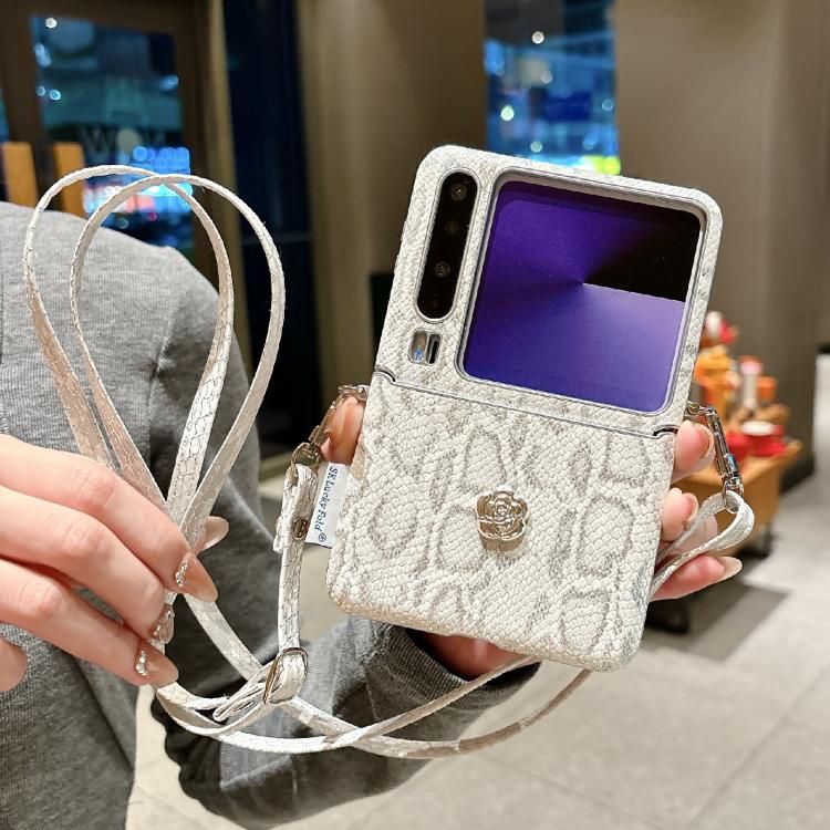 For Huawei Pura X Scale Texture Camellia Phone Case with Crossbody Rope - Silver