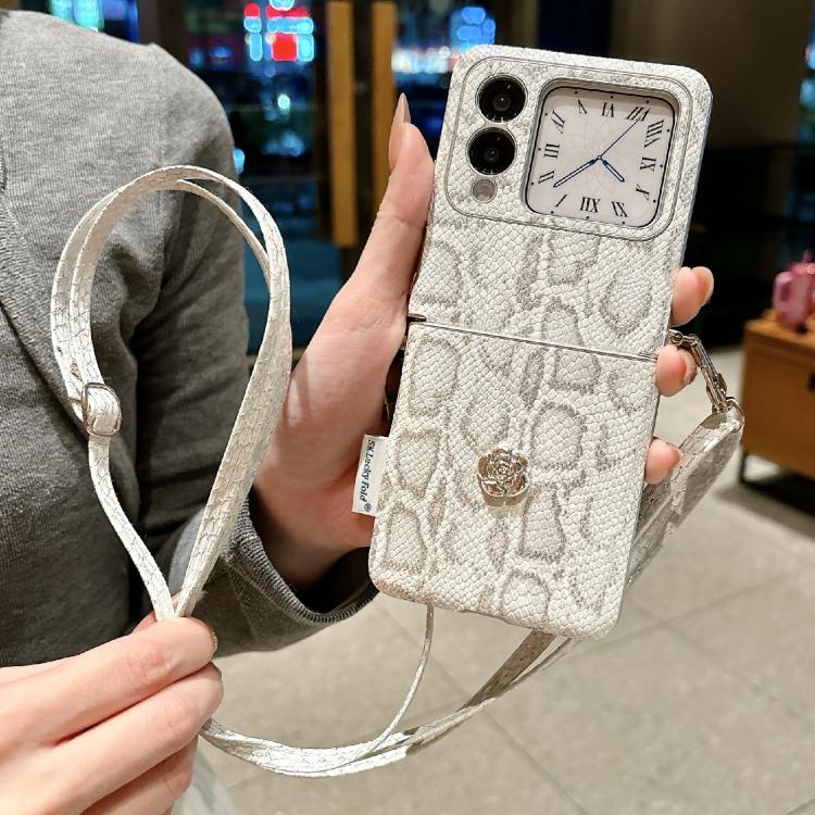 For Huawei Nova Flip Scale Texture Camellia Phone Case with Crossbody Rope - Silver