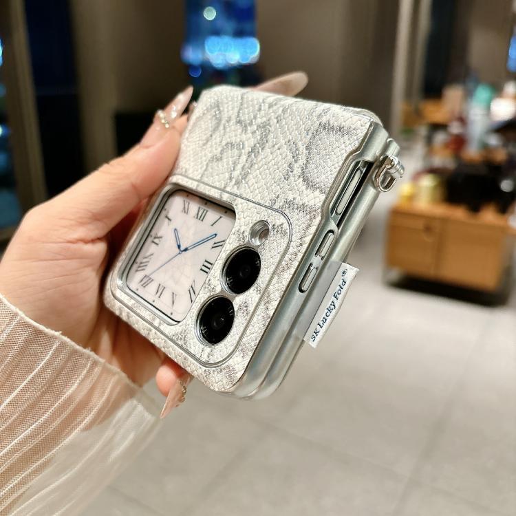 For Huawei Nova Flip Scale Texture Camellia Phone Case with Crossbody Rope - Silver