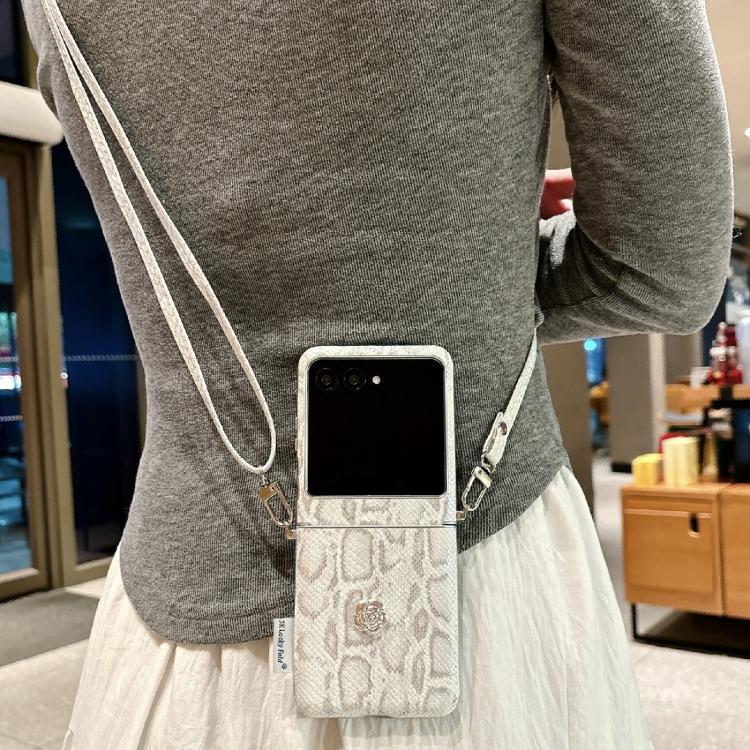 For Motorola Razr 60 Ultra Scale Texture Camellia Phone Case with Crossbody Rope - Silver