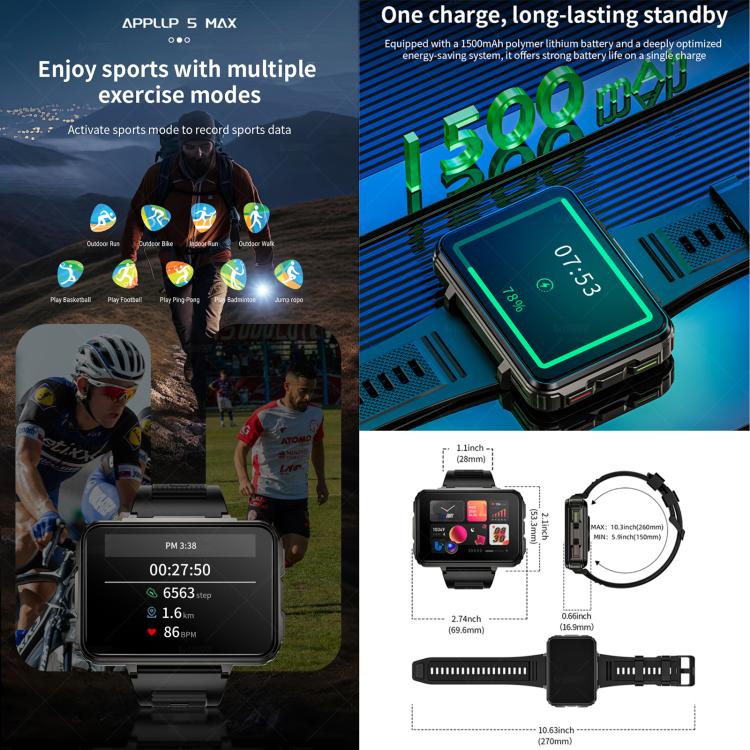 LOKMAT APPLLP 5 Max 4G Smart Watch, 4GB+64GB, 2.4 inch MT6762 + PAR2822 Octa Core, Android 10.7, Heart Rate, Video Call - Black
