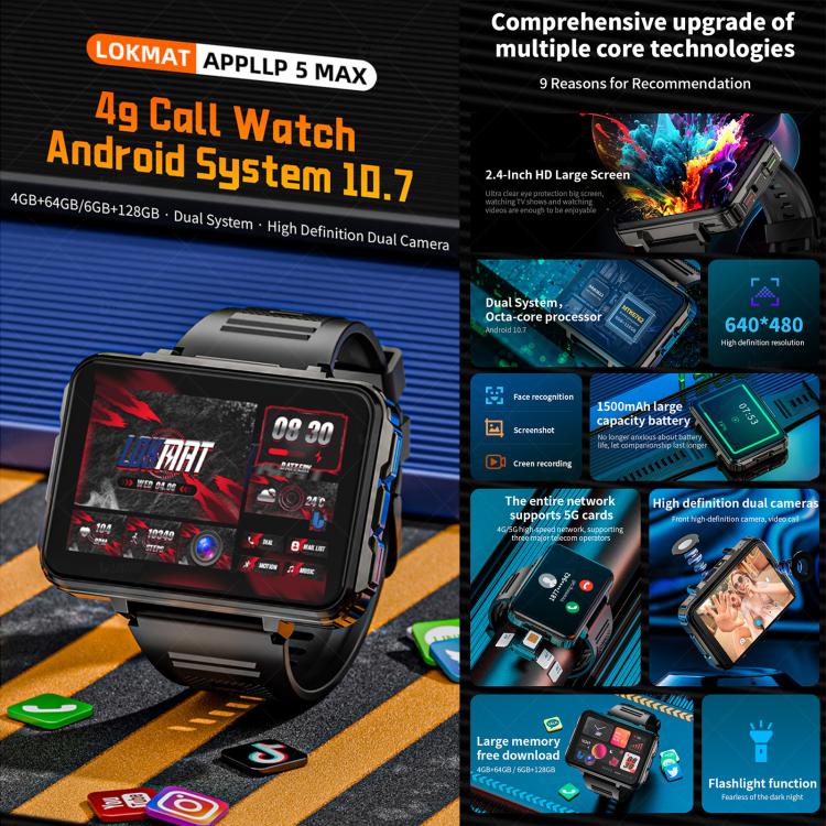 LOKMAT APPLLP 5 Max 4G Smart Watch, 4GB+64GB, 2.4 inch MT6762 + PAR2822 Octa Core, Android 10.7, Heart Rate, Video Call - Black