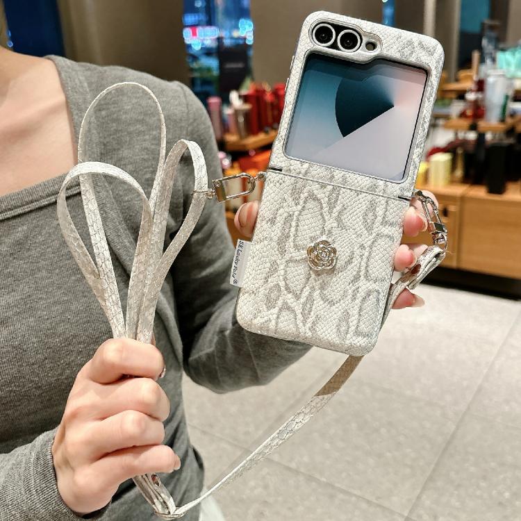 For Samsung Galaxy Z Flip5 Scale Texture Camellia Phone Case with Crossbody Rope - Silver