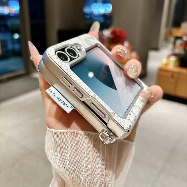For Samsung Galaxy Z Flip5 Scale Texture Camellia Phone Case with Crossbody Rope - Silver