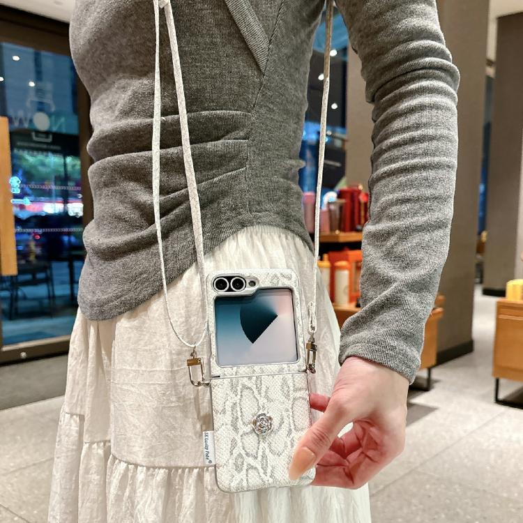 For Samsung Galaxy Z Flip5 Scale Texture Camellia Phone Case with Crossbody Rope - Silver