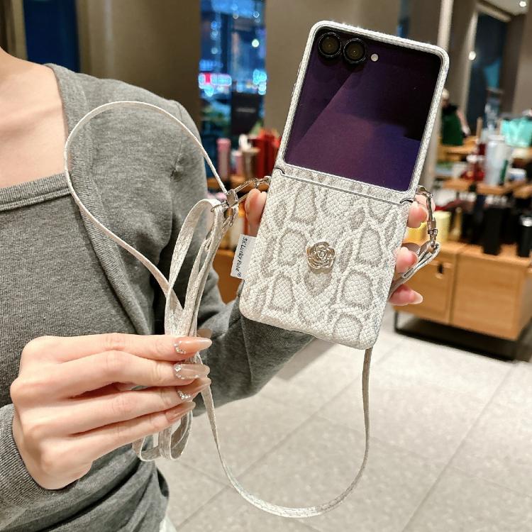 For Samsung Galaxy Z Flip7 5G Scale Texture Camellia Phone Case with Crossbody Rope - Silver