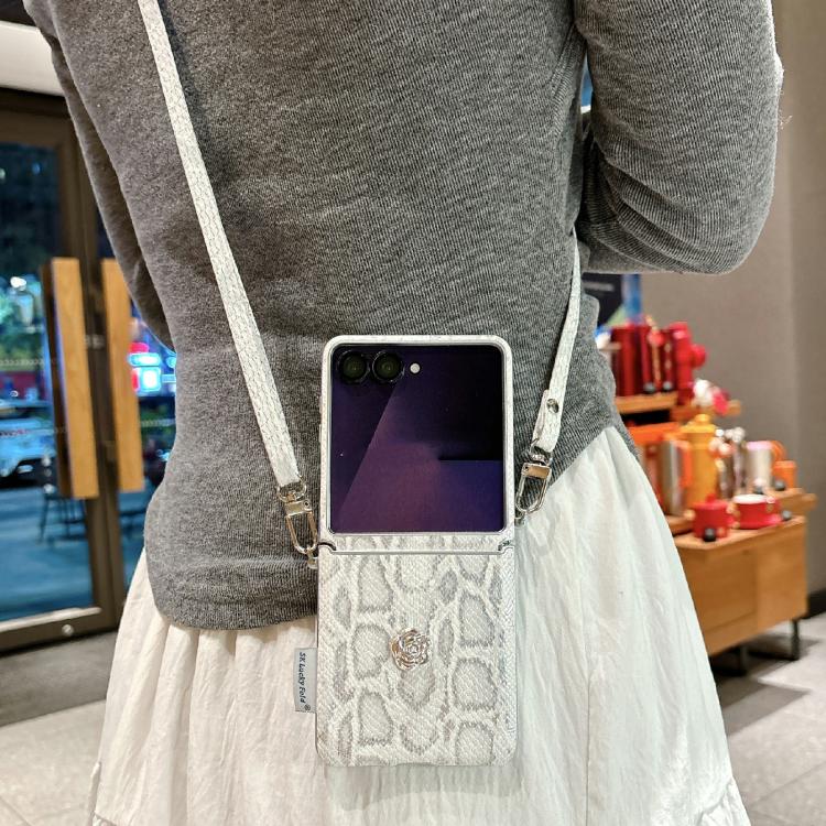 For Samsung Galaxy Z Flip7 5G Scale Texture Camellia Phone Case with Crossbody Rope - Silver