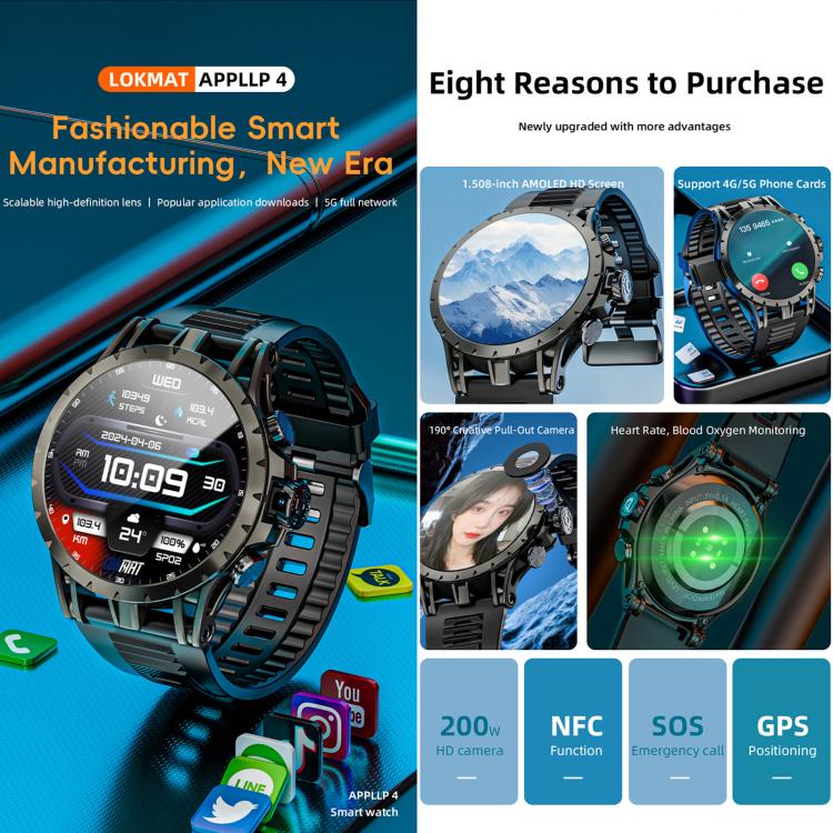 LOKMAT APPLLP 4 4G Smart Watch, 1.58 inch SC8541E Quad Core, 3GB+32GB, Android 8.1, GPS, Heart Rate, Blood Oxygen, Blood Pressure Monitoring, NFC - Black