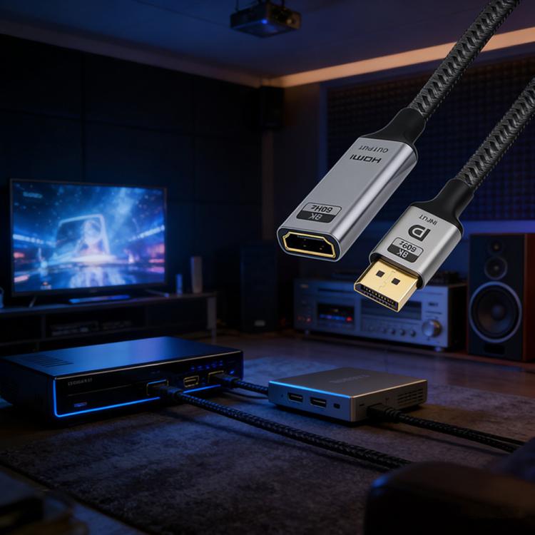 8K 60Hz 48Gbps Active DP 1.4 to HDTV2.1 Converter - Short Cable Aluminum Shell