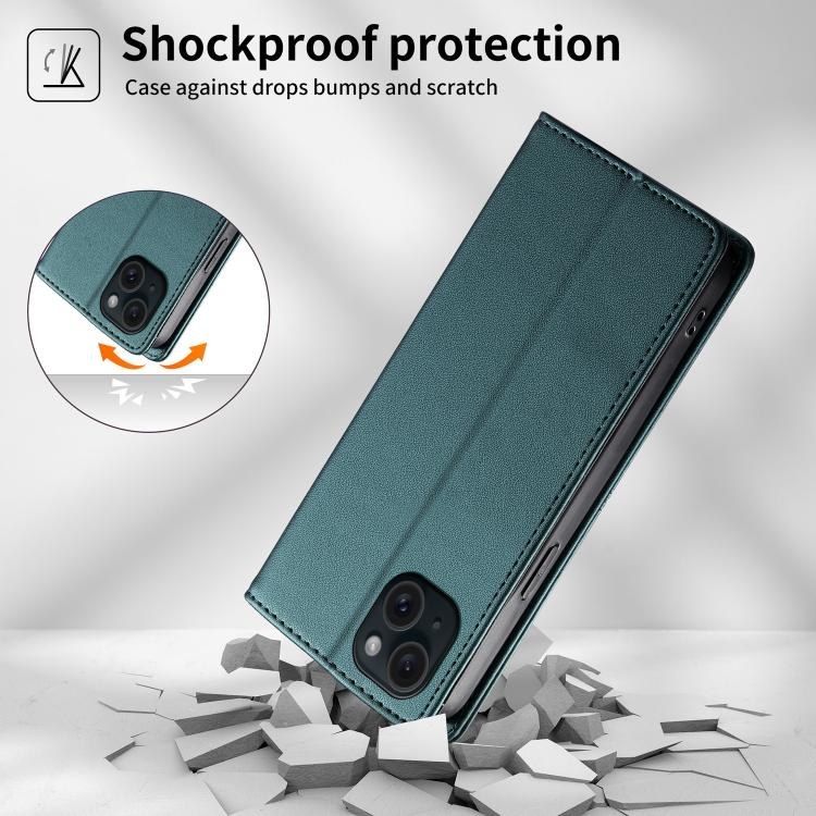 For iPhone 15 Plus Stitched Line Magnetic RFID Vegan Leather Phone Case