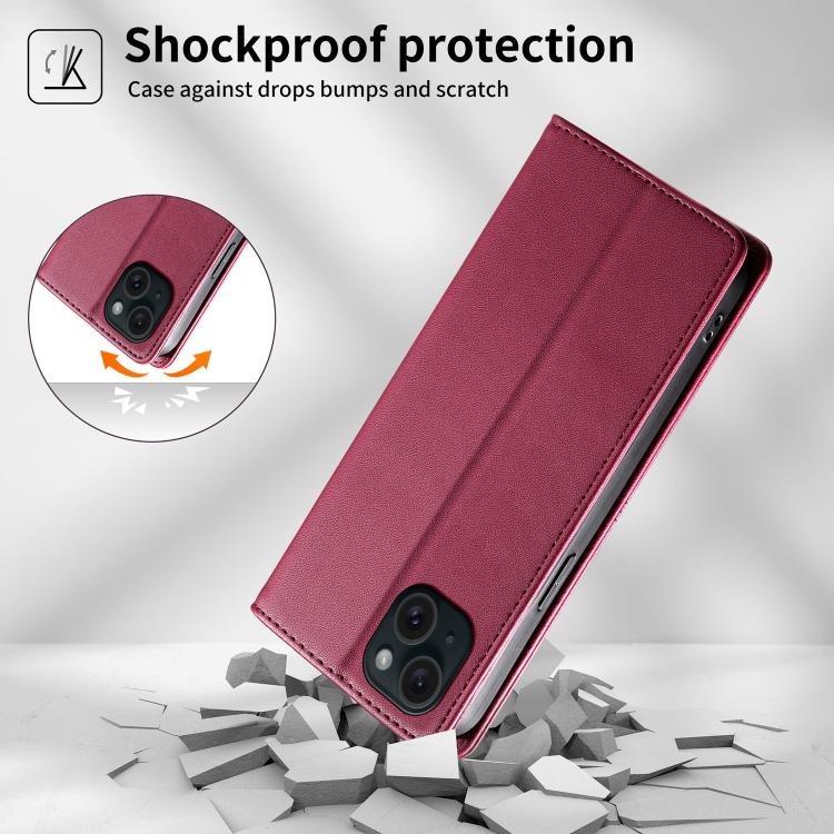 For iPhone 15 Plus Stitched Line Magnetic RFID Vegan Leather Phone Case