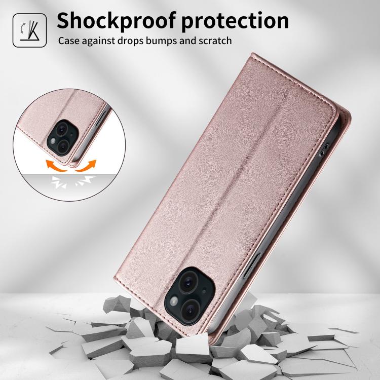 For iPhone 15 Plus Stitched Line Magnetic RFID Vegan Leather Phone Case
