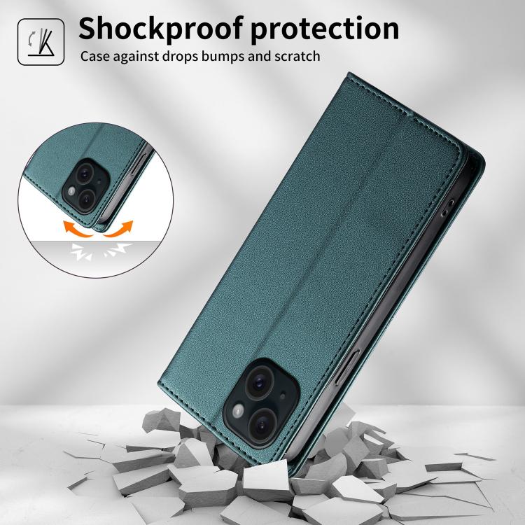 For iPhone 15 Stitched Line Magnetic RFID Vegan Leather Phone Case