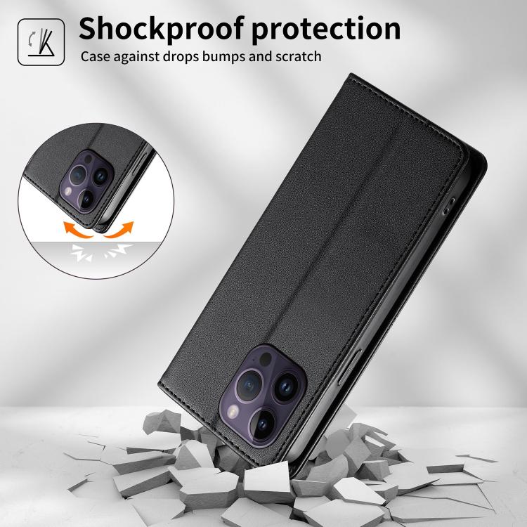 For iPhone 14 Pro Max Stitched Line Magnetic RFID Vegan Leather Phone Case