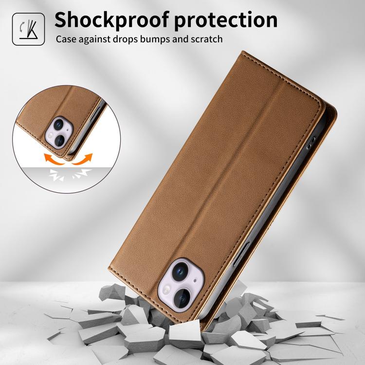 For iPhone 14 Plus Stitched Line Magnetic RFID Vegan Leather Phone Case