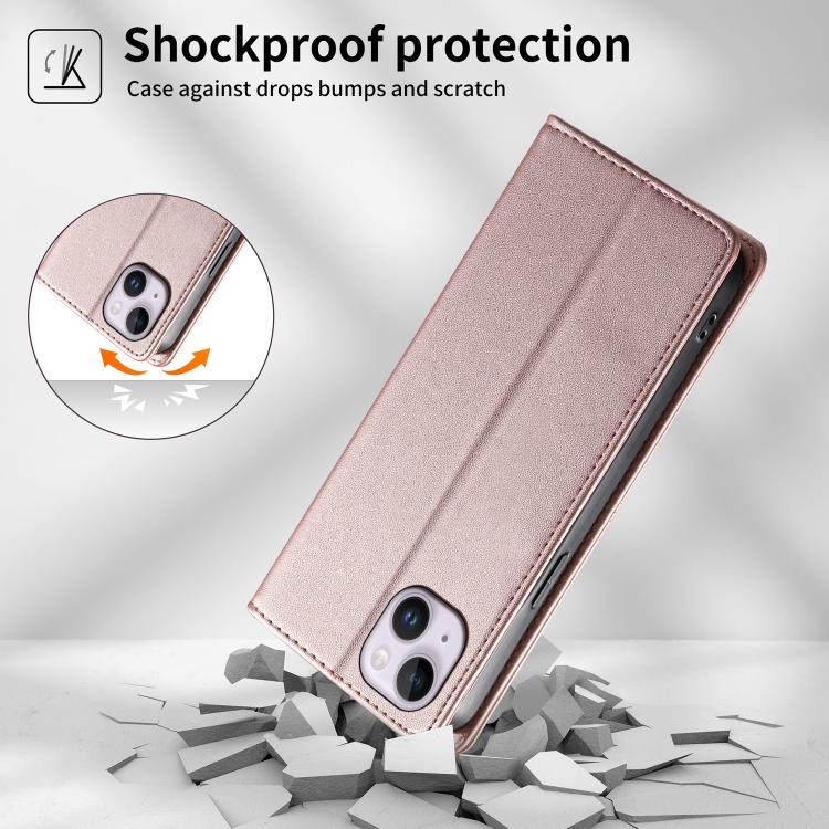 For iPhone 14 Plus Stitched Line Magnetic RFID Vegan Leather Phone Case