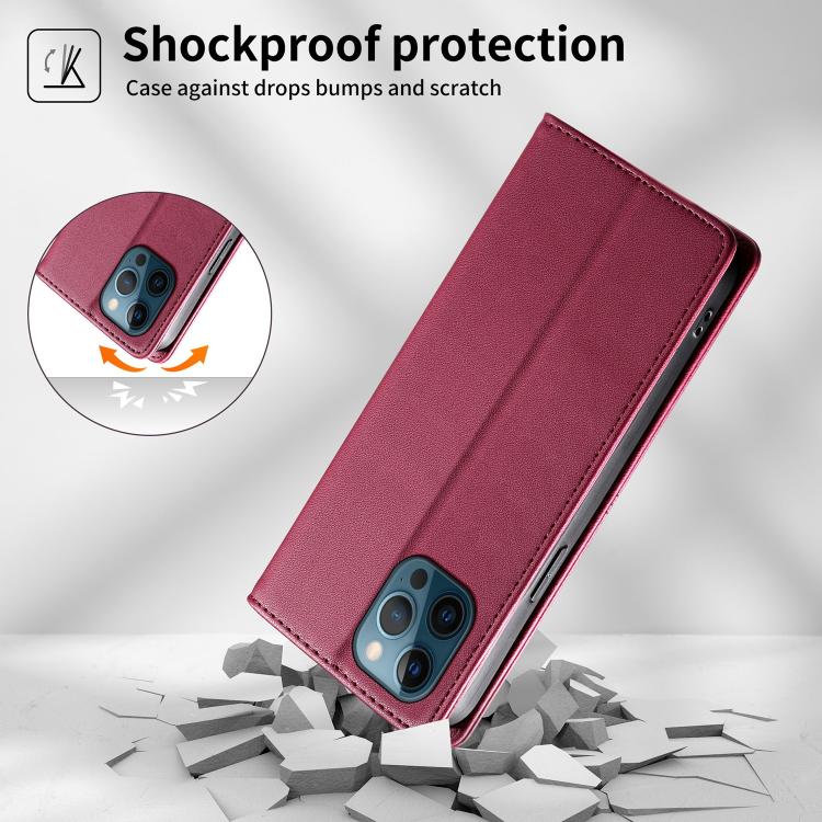 For iPhone 12 Pro Max Stitched Line Magnetic RFID Vegan Leather Phone Case