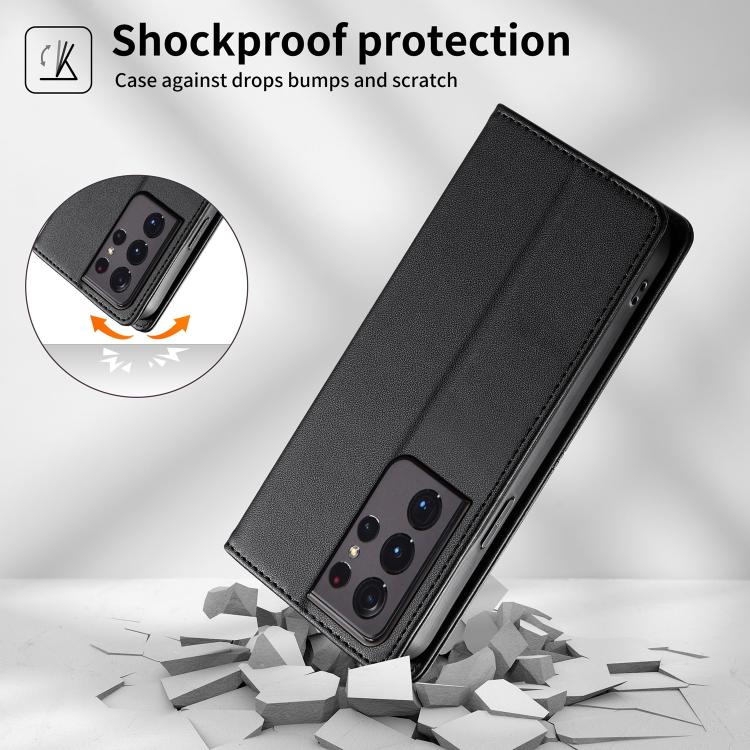 For Samsung Galaxy S21 Ultra 5G Stitched Line Magnetic RFID Vegan Leather Phone Case