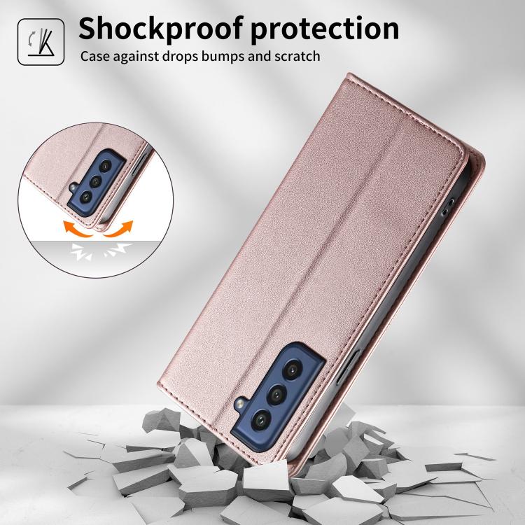 For Samsung Galaxy S21 FE 5G Stitched Line Magnetic RFID Vegan Leather Phone Case