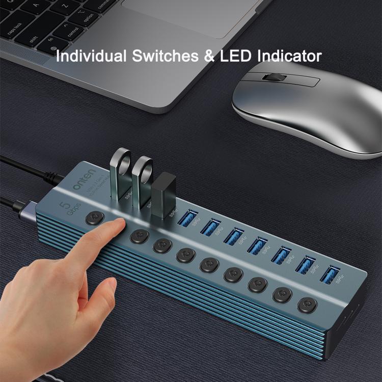 Onten 5308 USB3.2 Gen1 10 in 1 HUB Docking Station with Independent Button, US Plug - Pine Green