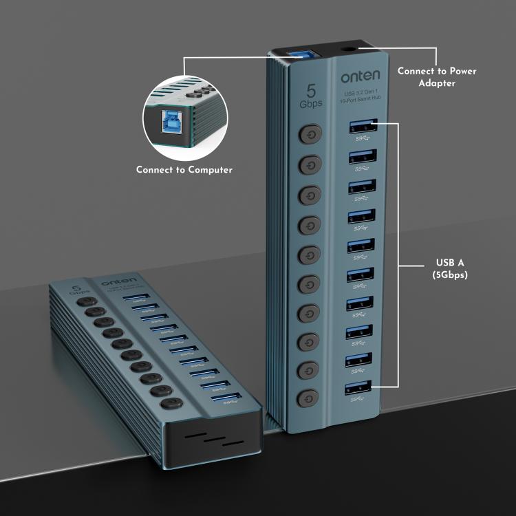 Onten 5308 USB3.2 Gen1 10 in 1 HUB Docking Station with Independent Button, US Plug - Pine Green
