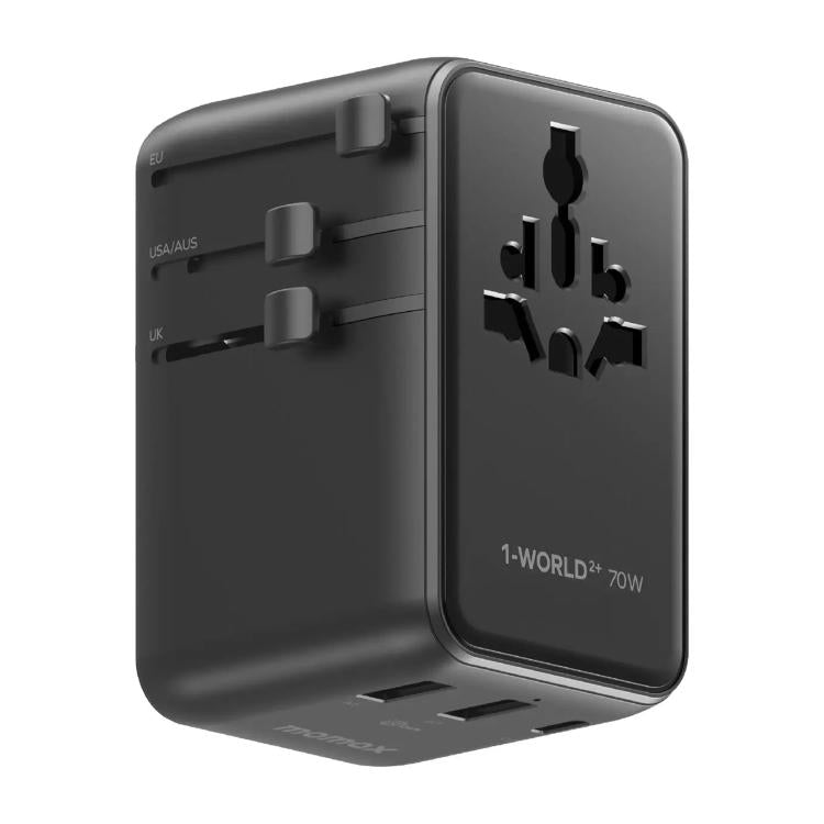 MOMAX UA30 1-World 2+ 70W Dual AC Universal Travel GaN Charger with Retractable Cable