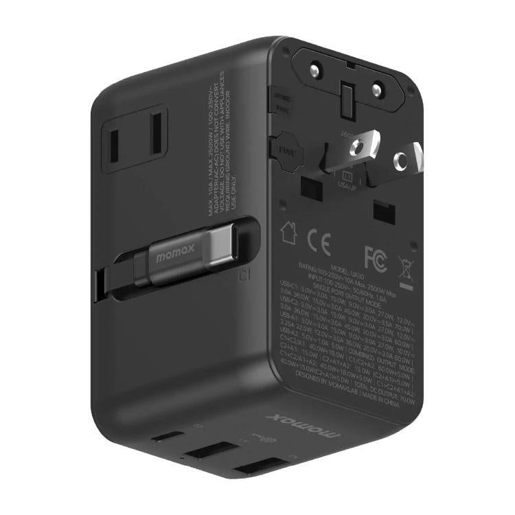 MOMAX UA30 1-World 2+ 70W Dual AC Universal Travel GaN Charger with Retractable Cable