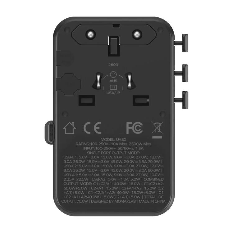 MOMAX UA30 1-World 2+ 70W Dual AC Universal Travel GaN Charger with Retractable Cable