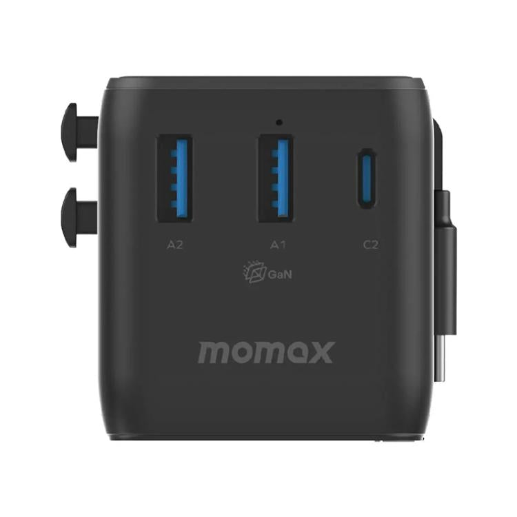 MOMAX UA30 1-World 2+ 70W Dual AC Universal Travel GaN Charger with Retractable Cable