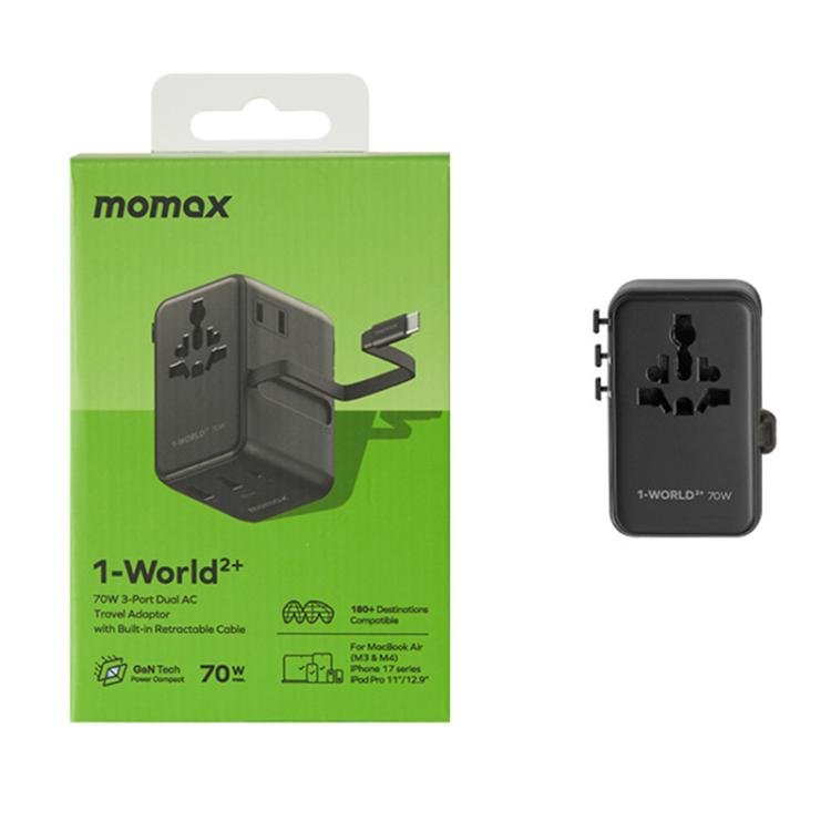 MOMAX UA30 1-World 2+ 70W Dual AC Universal Travel GaN Charger with Retractable Cable