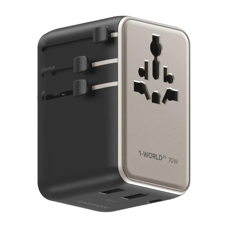 MOMAX UA30 1-World 2+ 70W Dual AC Universal Travel GaN Charger with Retractable Cable