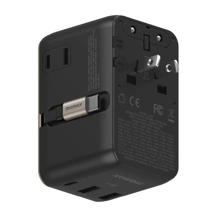 MOMAX UA30 1-World 2+ 70W Dual AC Universal Travel GaN Charger with Retractable Cable