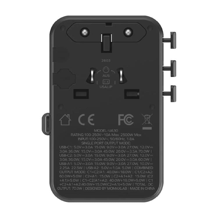 MOMAX UA30 1-World 2+ 70W Dual AC Universal Travel GaN Charger with Retractable Cable
