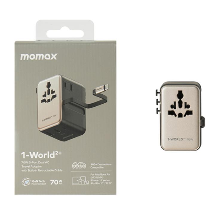 MOMAX UA30 1-World 2+ 70W Dual AC Universal Travel GaN Charger with Retractable Cable