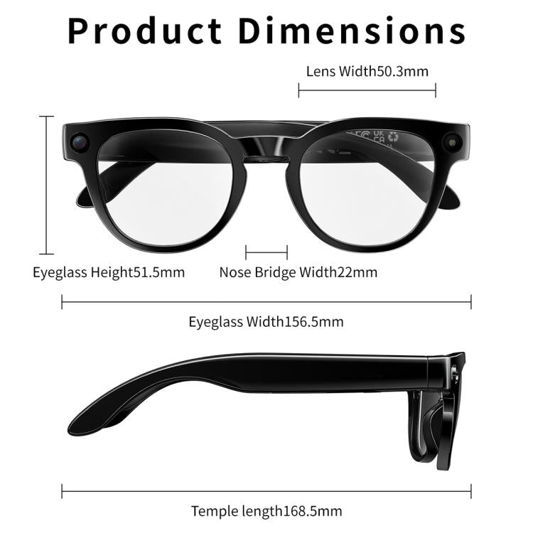 MT3 8MP Smart AI Glasses, WiFi, Touch Control, BT Call - Matte Black Frame Sunglasses + Clear Lens