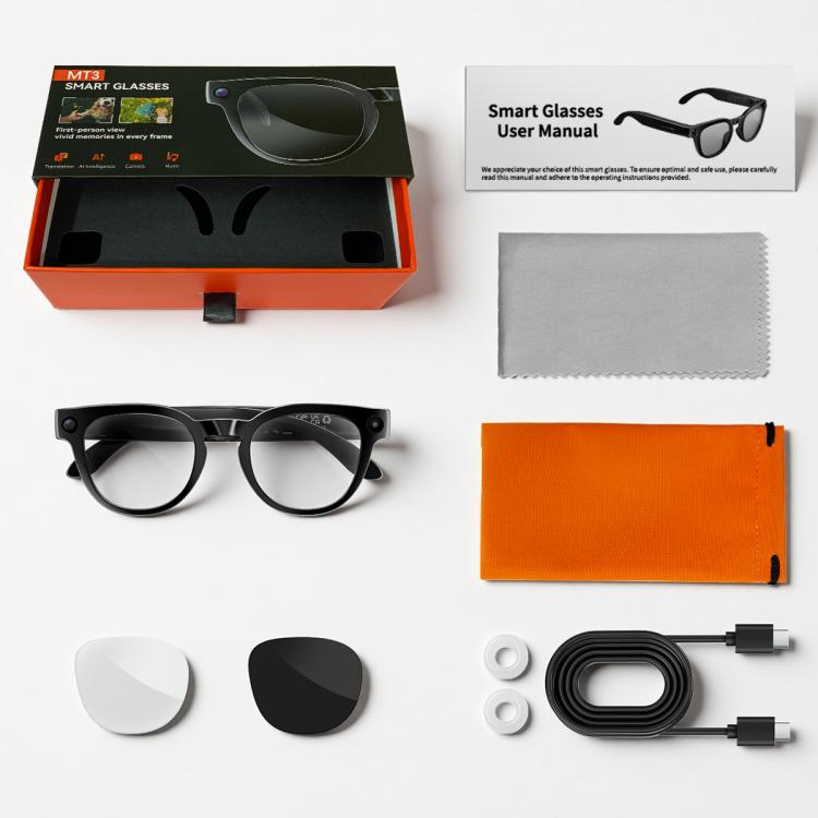 MT3 8MP Smart AI Glasses, WiFi, Touch Control, BT Call - Matte Black Frame Sunglasses + Clear Lens