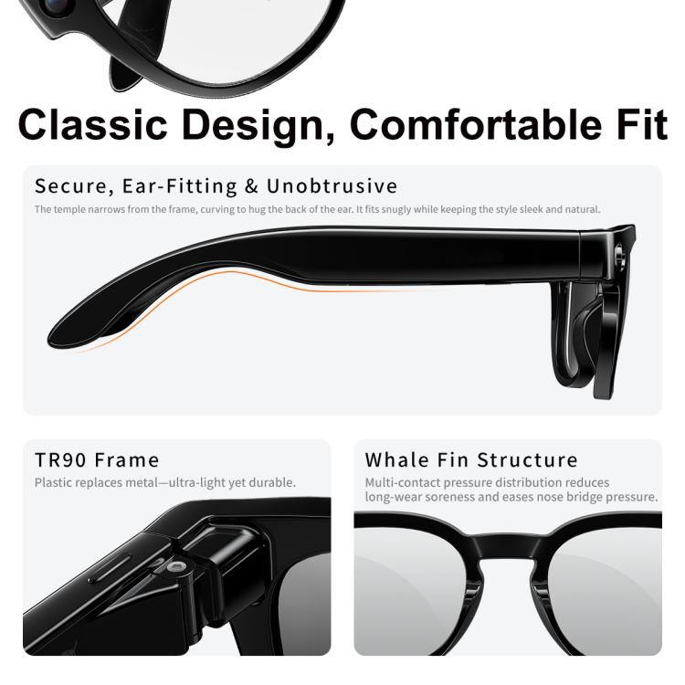 MT3 8MP Smart AI Glasses, WiFi, Touch Control, BT Call - Matte Black Frame Sunglasses + Clear Lens