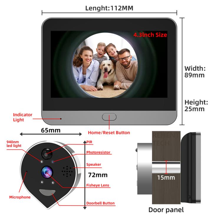 RH-PD7 4.3 inch HD Screen 360 Degree Panoramic Peephole 2.4G Wireless WiFi Video Doorbell - Gray Black