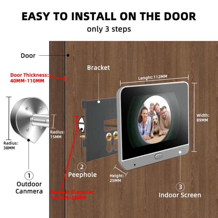 RH-PD7 4.3 inch HD Screen 360 Degree Panoramic Peephole 2.4G Wireless WiFi Video Doorbell - Gray Black