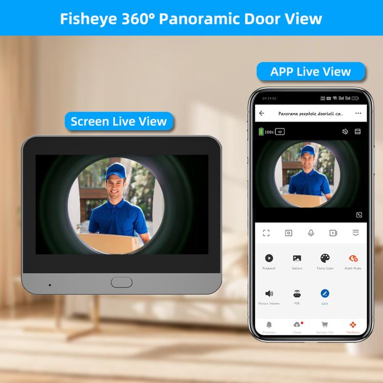 RH-PD7 4.3 inch HD Screen 360 Degree Panoramic Peephole 2.4G Wireless WiFi Video Doorbell - Gray Black